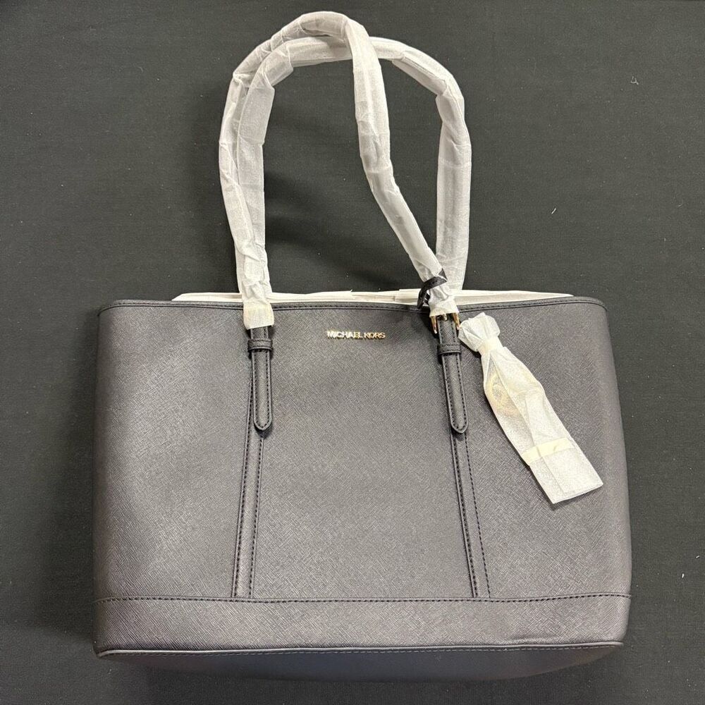 New Michael Kors Black Jet Set Travel Large Saffiano Leather Tote Bag